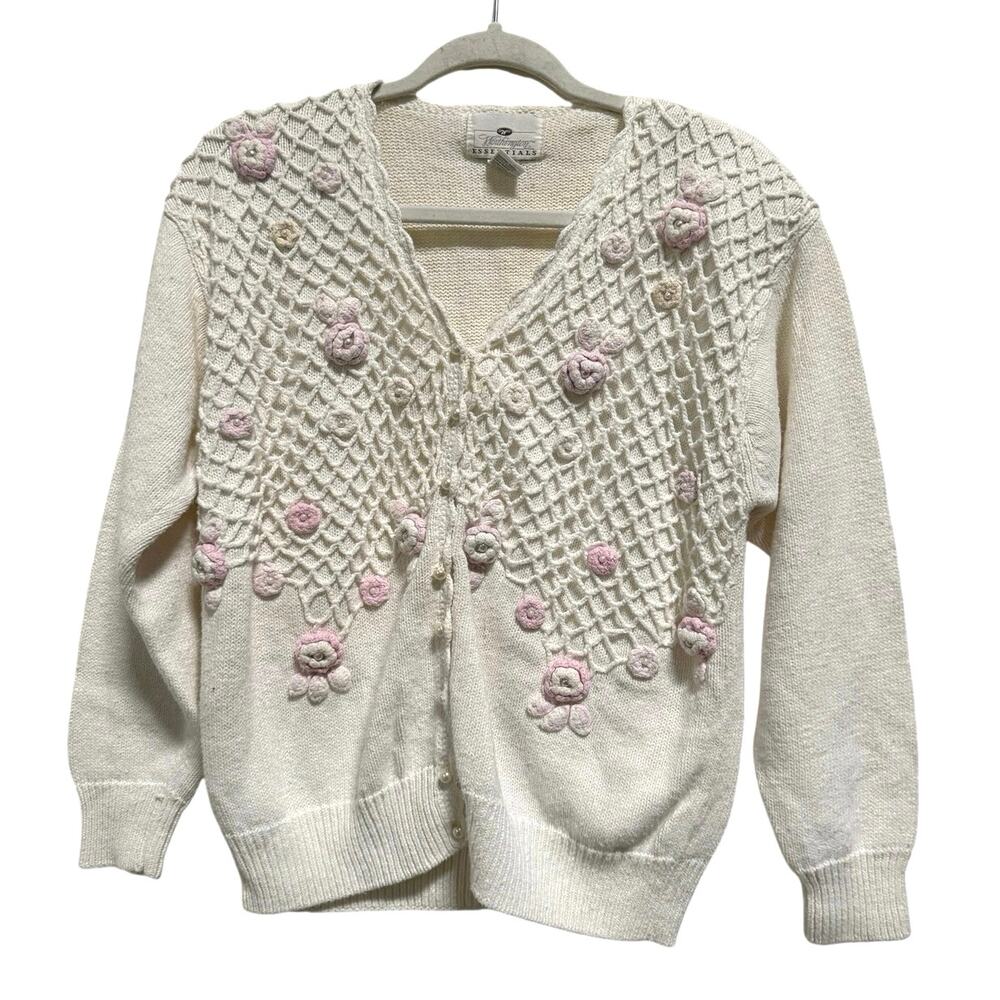 Vintage CottageCore Cardigan Sweater Women's Small White Lattice Rose Embroidery